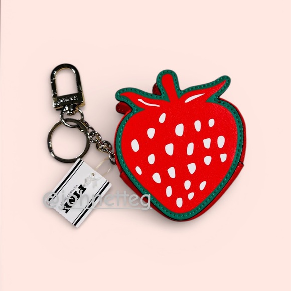 🍓PINK VICTORIA’S SECRET Zip Pouch Keychain Bag Charm Strawberry Bright Red - Picture 4 of 9